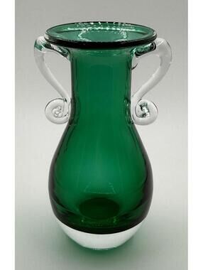 Vintage Emerald Green Glass Vase w/ Applied Clear Handles Hand Blown Style 6”